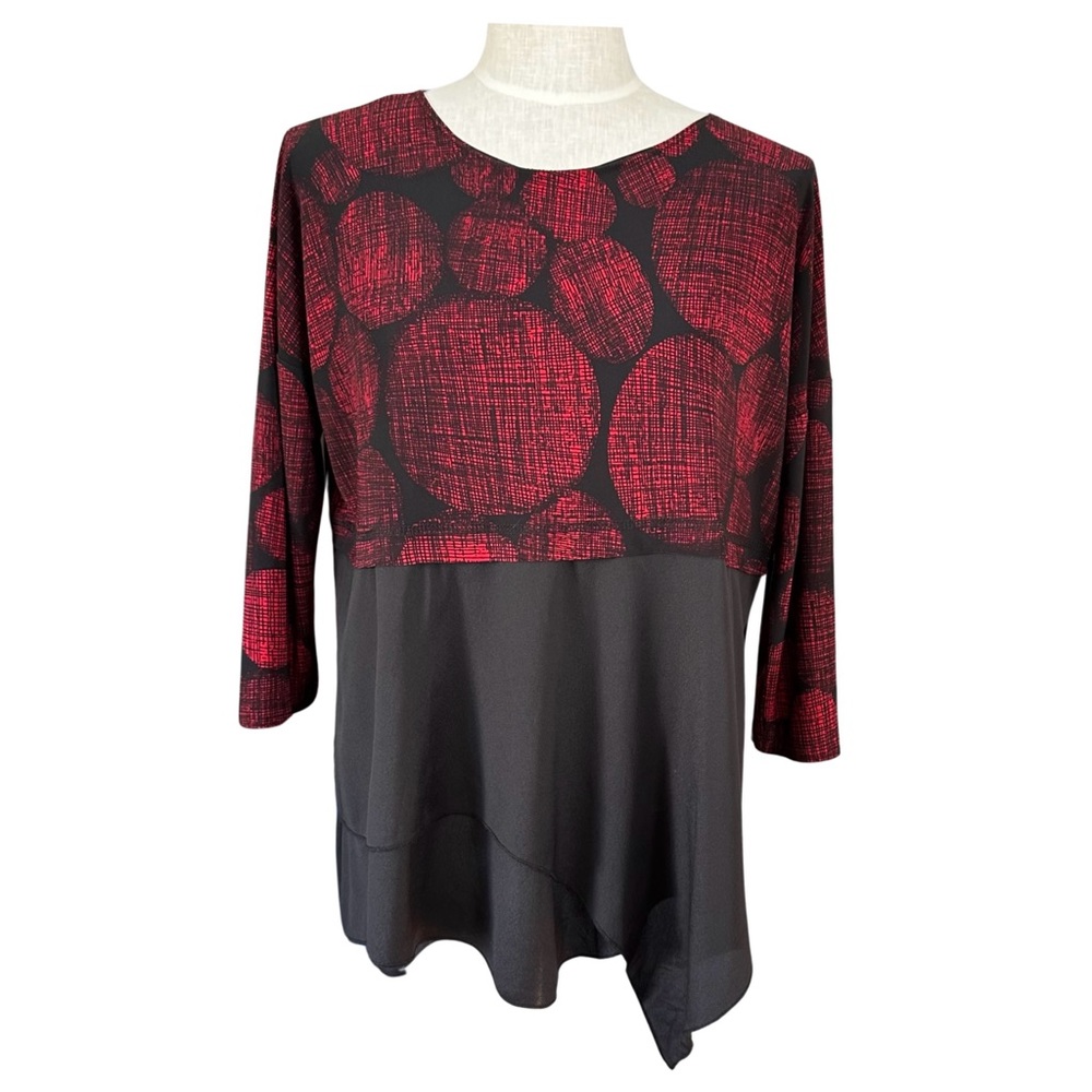 Sun Kim Tunic Sz S Oversized Boxy Red Black Abstract Print Stretch‎ Asymmetrical